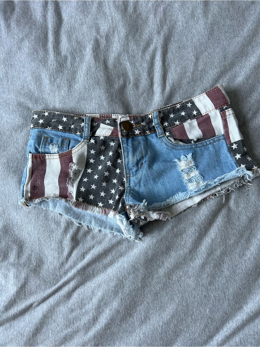 Women's Distressed Denim Shorts with American Flag Patchwork - Blue/Red/White